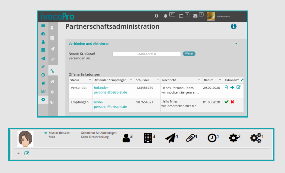 ivocoPro-Screen von der Partnerschaftsadministration und den Benutzerrechten